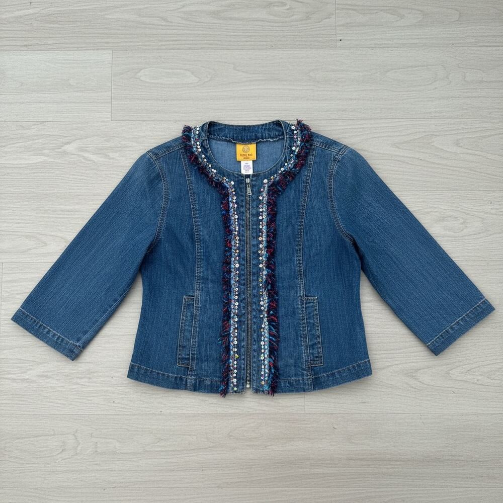 Ruby Rd Petite Embellished Denim Jacket Beaded‎ Fringe Zip Front 10P